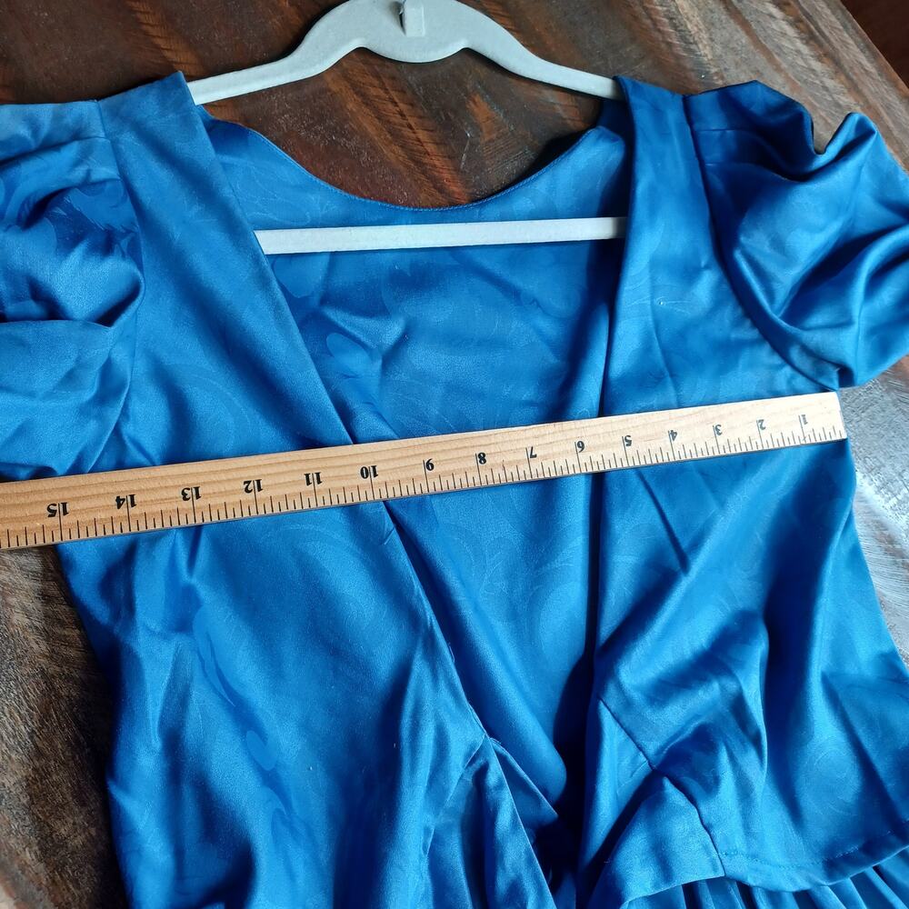 Vtg Laura Ashley Blue Damask Puff Sleeve Dress Bow Back Pockets - Picture 8 of 11